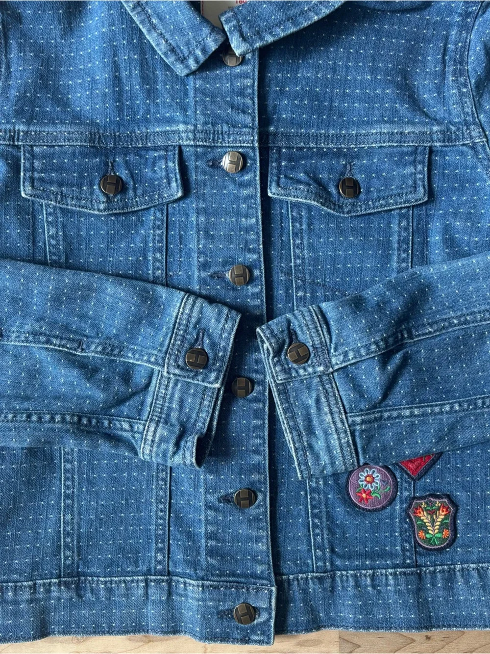 Hanna Andersson Girls Denim Jacket Floral Patches Dotted Artsy Folk 160 14-16
